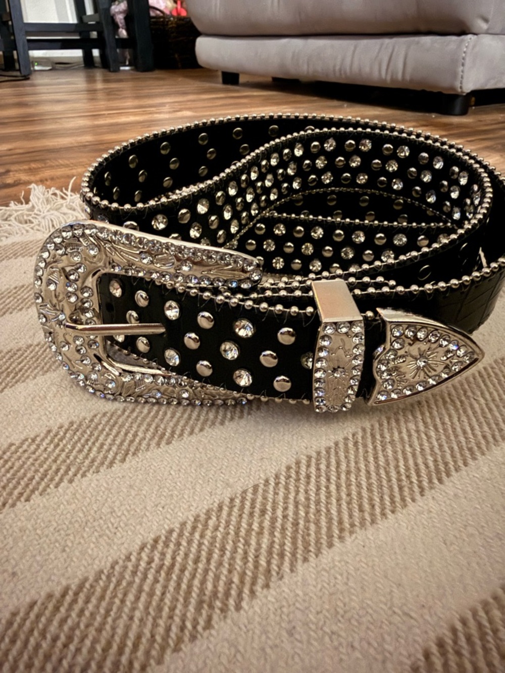 Rhinestone Studded Western Belt Black Silver Buckle Y2K